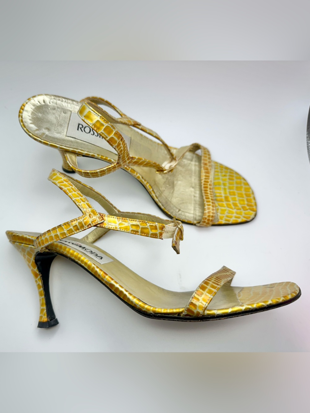 Rossi Moda Italian Yellow CrocEmbossed Slingback Strappy kitten Heel Sandal 36.5
